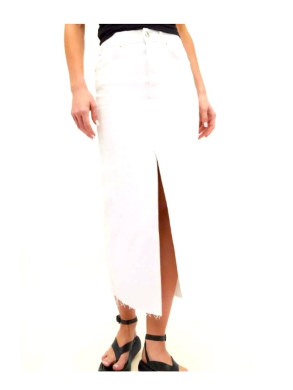 stradivarius White Straight Denim Midi Skirt